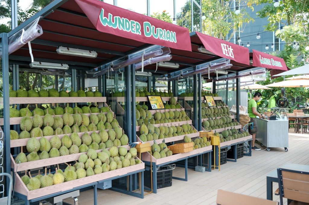 A huge display of durians at the store front of Wunder Durian